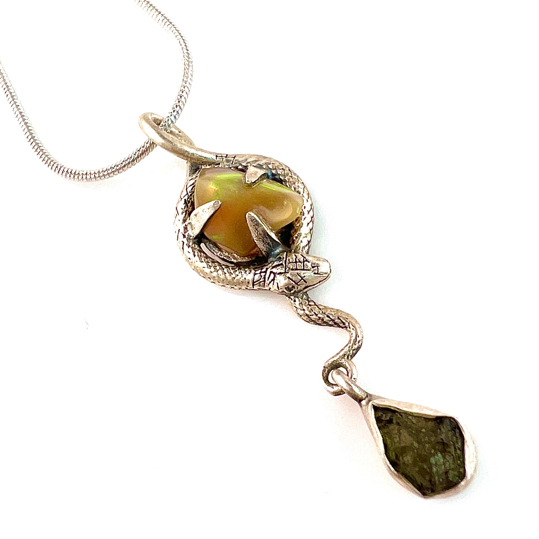 Moldavite & Ethiopian Opal Rough Sterling Silver Snake Pendant