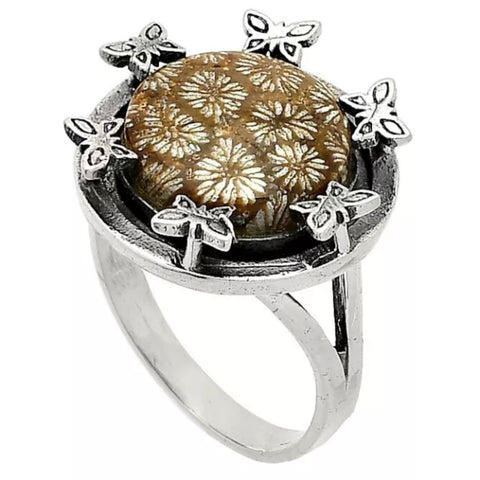 Fossilized Coral Sterling Silver Butterfly Ring - Keja Designs Jewelry