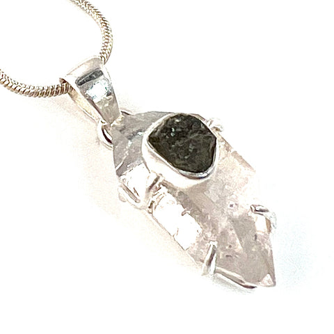 Moldavite Meteorite Rough & Clear Herkimer Diamond Sterling Silver Pendant - Keja Designs Jewelry