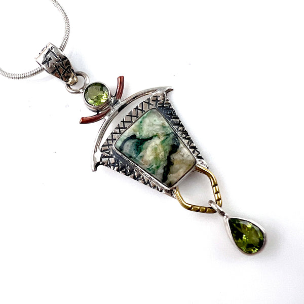 Tree Moss Agate and Peridot Sterling Silver Pendant