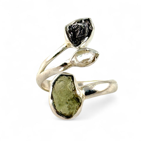 Campo de Cielo Meteorite, Moldavite & Herkimer Sterling Silver Adjustable Ring