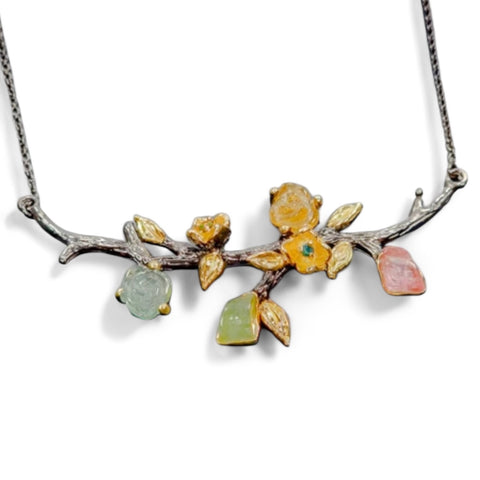 Pink, Green, Aqua & Golden Tourmalines, with Black Opal, Rhodium & Gold Plated Sterling Silver Pendant - Keja Designs Jewelry