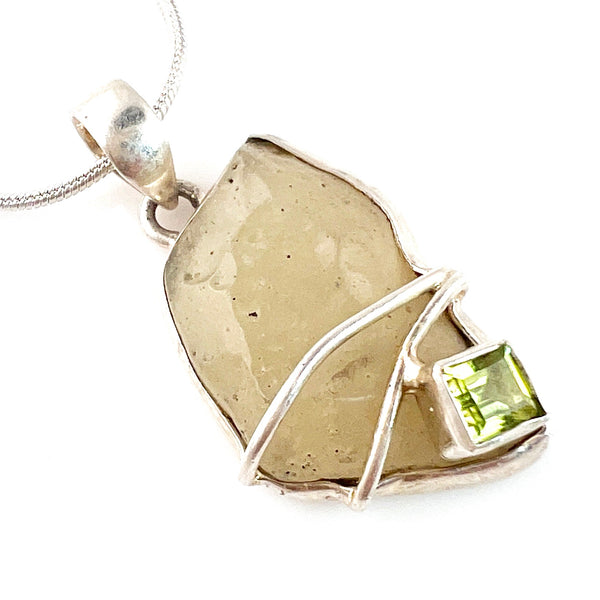 Libyan Desert Glass Meteorite & Peridot Sterling Silver Pendant - Keja Designs Jewelry