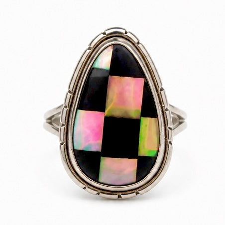Opal Checkerboard Sterling Silver Pear Shaped Ring