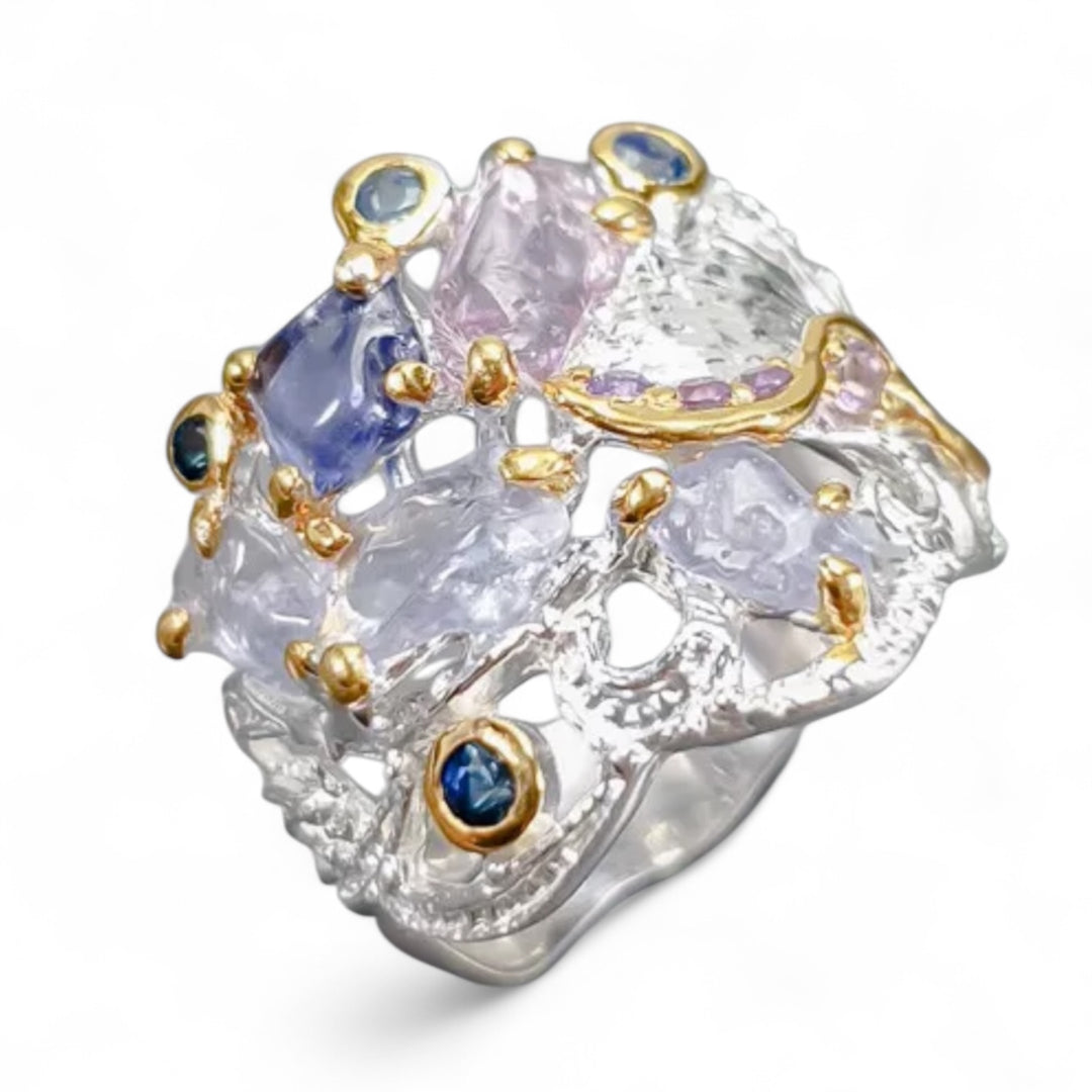 Tanzanite, Spinel  & Amethyst White Gold & Gold Plated Sterling Silver Ring - Keja Designs Jewelry