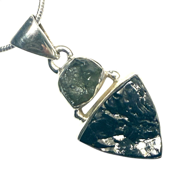 Moldavite Meteorite & Elite Shungite Trillion Sterling Silver Point Pendant
