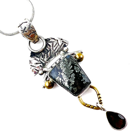 Golden Pyrite In Agate Two Tone Sterling Silver Pendant