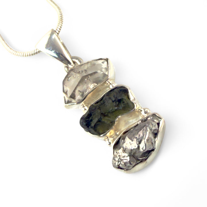 Moldavite Rough, Herkimer Diamond, &amp; Campo de Cielo Rough Sterling Silver  Ladder Pendant - Keja Designs Jewelry