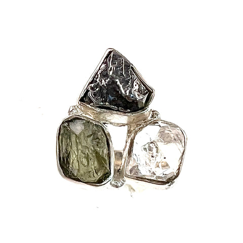 Campo de Cielo Meteorite, Moldavite & Herkimer Diamond Sterling Silver Ring - Keja Designs Jewelry