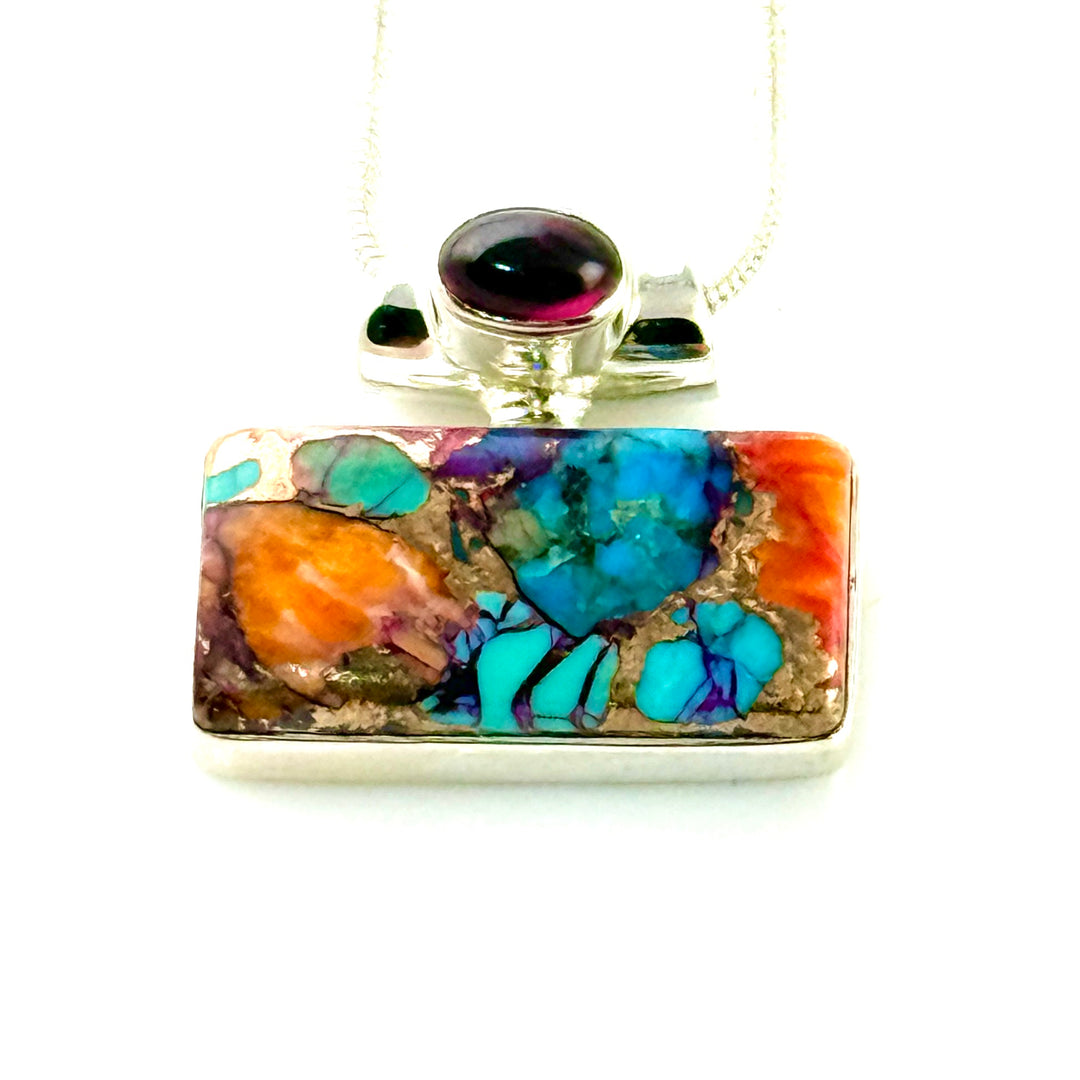 Kingman Dahlia Turquoise &amp; Garnet Sterling Silver East-West Pendant - Keja Designs Jewelry