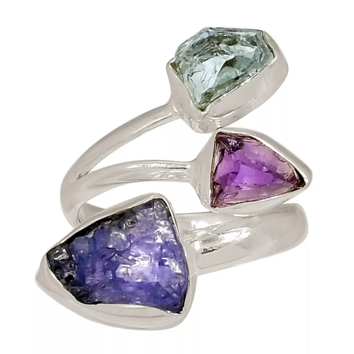 Tanzanite, Amethyst and Aquamarine Roughs Sterling Silver Adjustable Ring