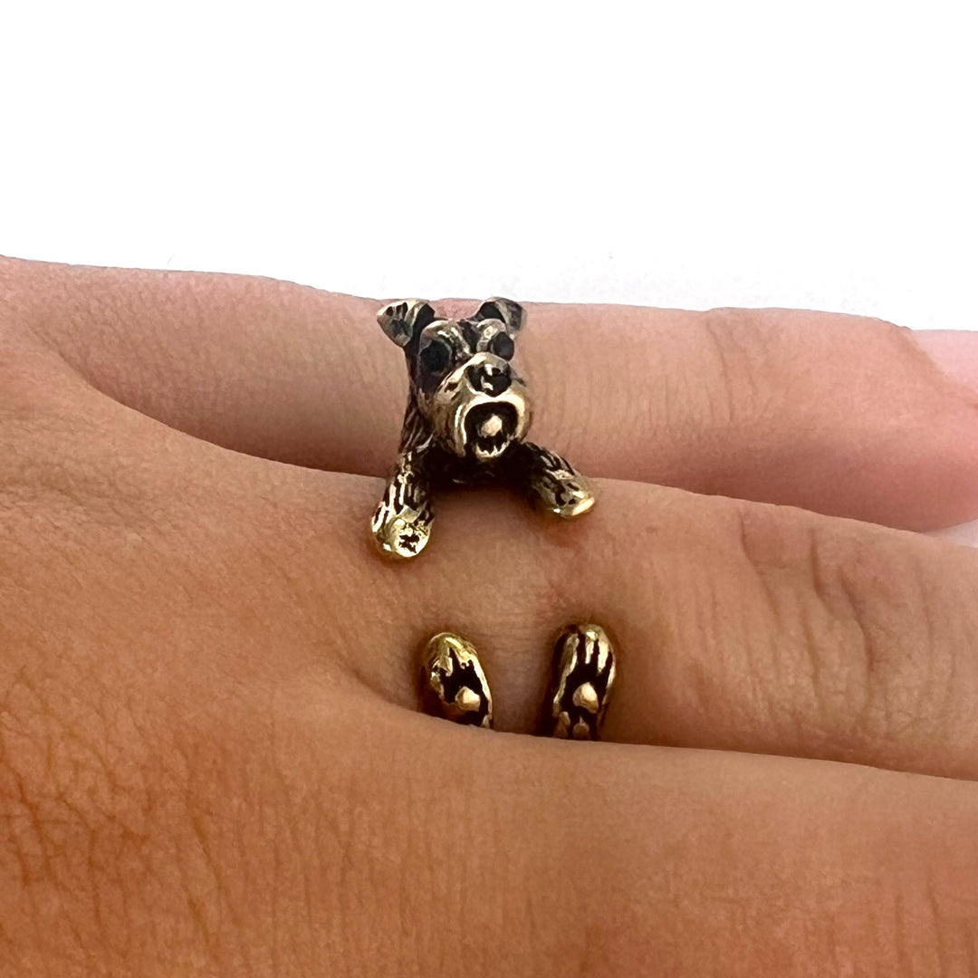 Animal Wrap Ring - Schnauzer - Yellow Bronze - Adjustable Ring - Keja Designs Jewelry