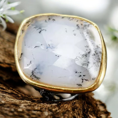 Dendritic Opal  Rhodium & Gold Plated Sterling Silver Ring