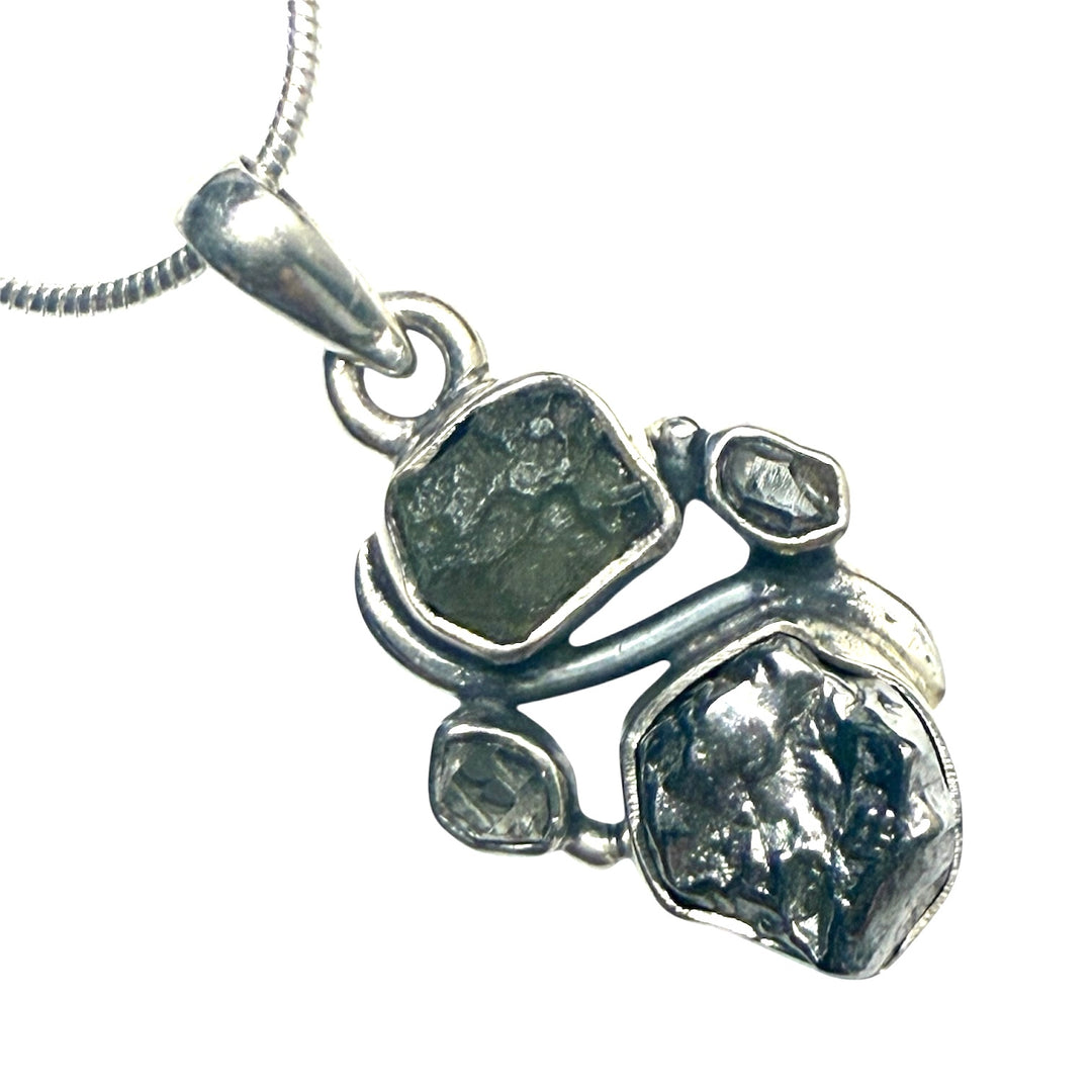 Moldavite, Campo De Cielo & Herkimer Diamond Swirls Sterling Silver Pendant - Keja Designs Jewelry