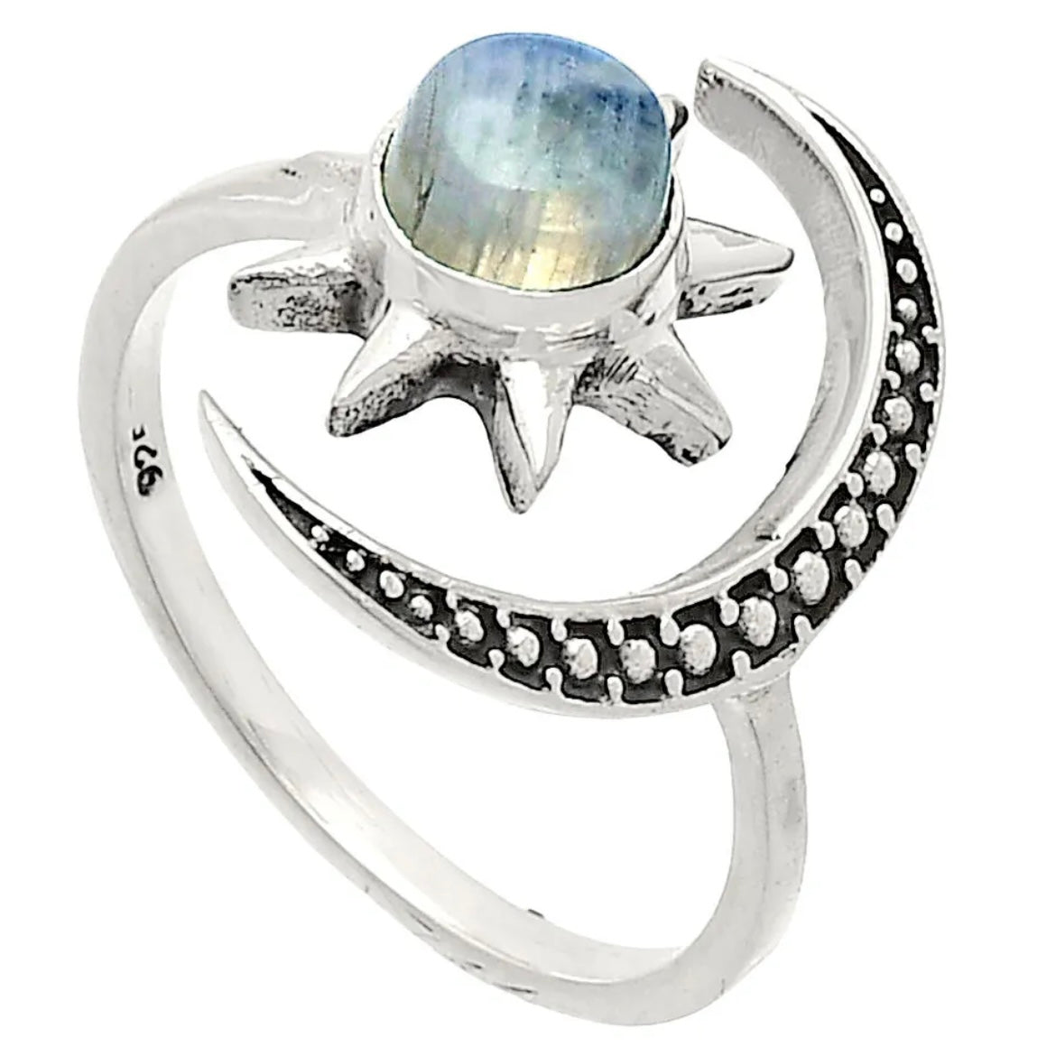 Crescent Moon & Star Moonstone Sterling Silver Adjustable Ring - Keja Designs Jewelry