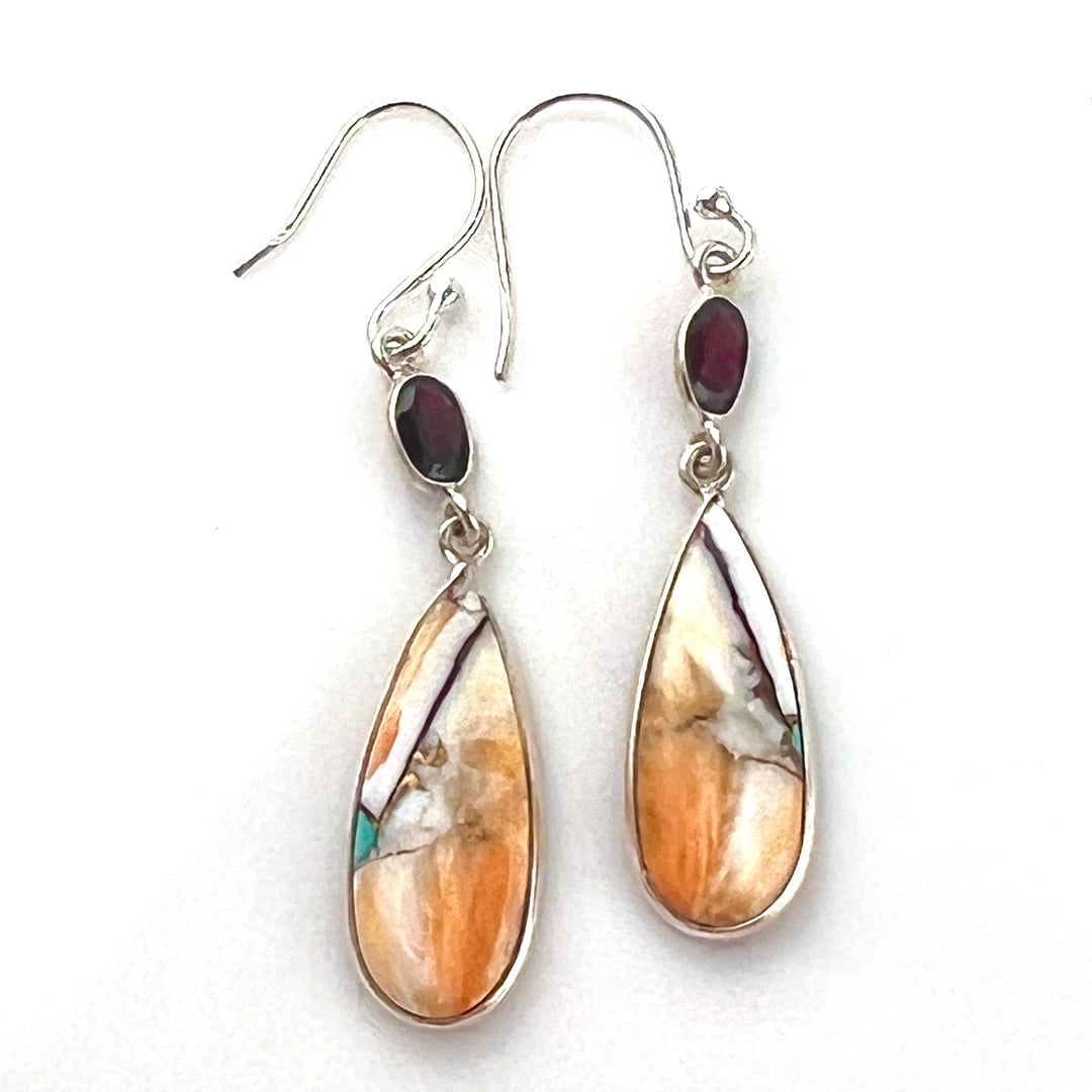 Spiny Oyster Blue Turquoise & Garnet Sterling Silver Drop Earrings - Keja Designs Jewelry
