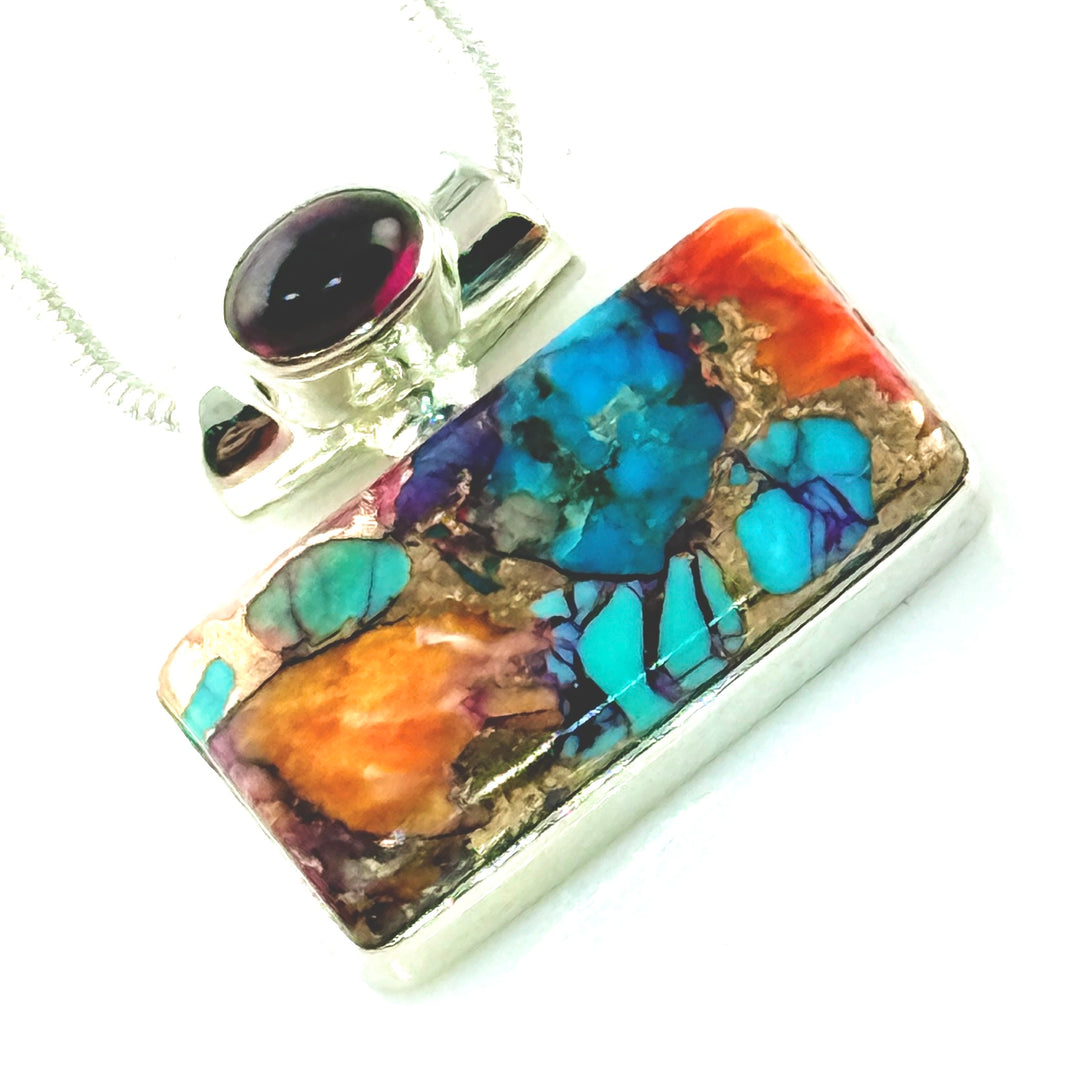Kingman Dahlia Turquoise & Garnet Sterling Silver East-West Pendant - Keja Designs Jewelry