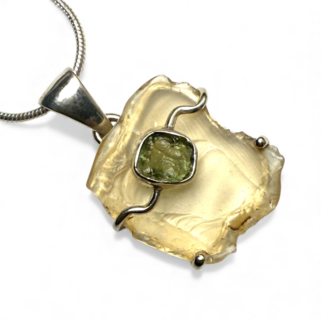 Dynamic Duo Libyan Desert Glass Meteorite &amp; Moldavite Sterling Silver Prong Set Pendant - Keja Designs Jewelry