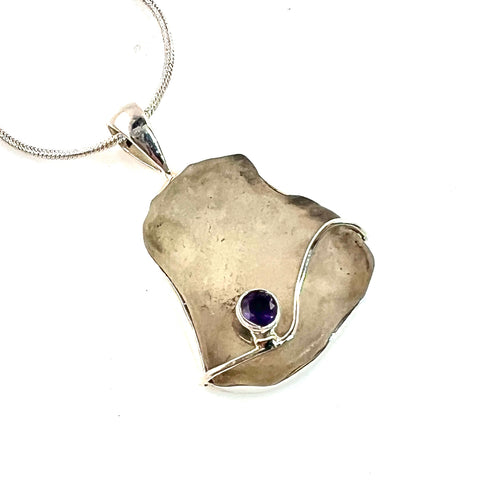 Spectacular Libyan Desert Glass Meteorite & Anethyst Sterling Silver Pendant - Keja Designs Jewelry