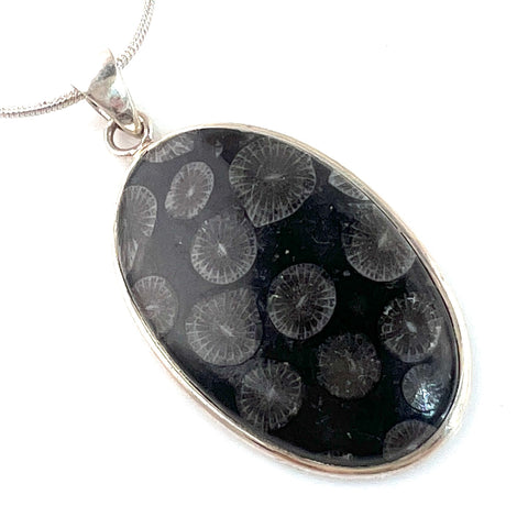 Black Flower Fossilized Coral Sterling Silver Pendant - Keja Designs Jewelry