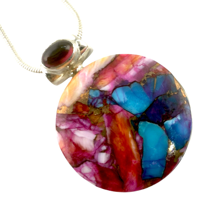 Kingman Dahlia &amp; Garnet Sterling Silver Round Pendant - Keja Designs Jewelry