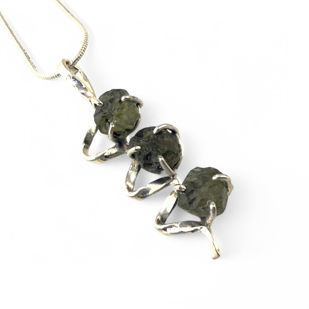 Moldavite Rough Sterling Silver Ribbon Pendant - Keja Designs Jewelry