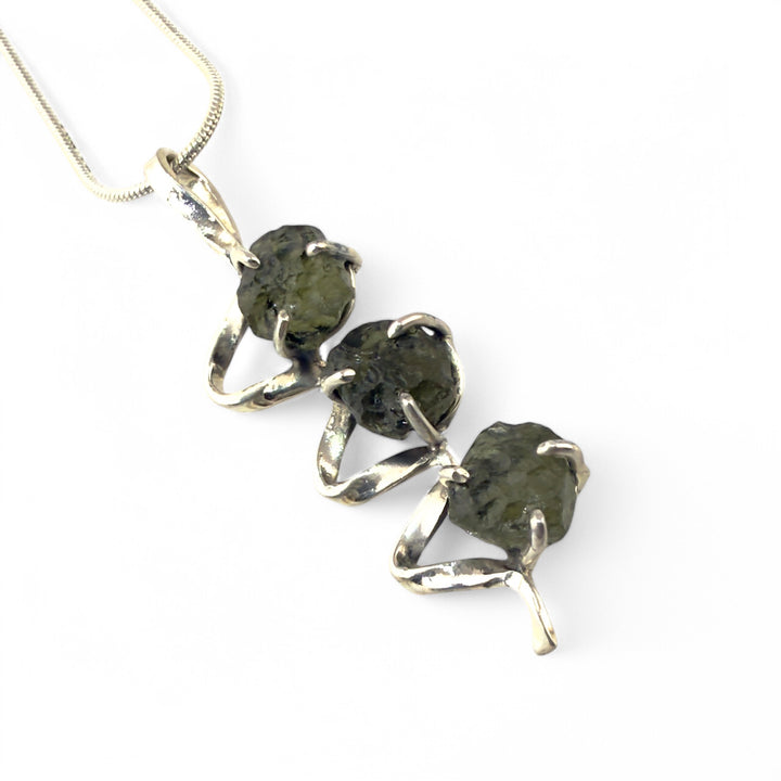 Moldavite Rough Sterling Silver Ribbon Pendant - Keja Designs Jewelry