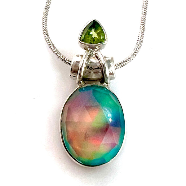 Faceted Black Opal & Peridot Sterling Silver Pendant