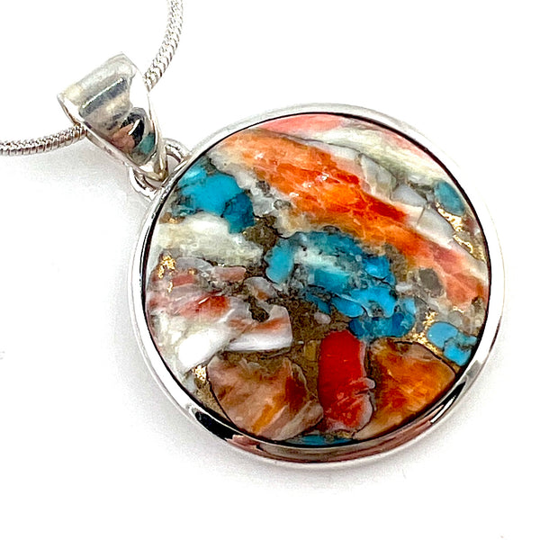 Spiny Oyster Turquoise Sterling Silver Round Pendant - Keja Designs Jewelry