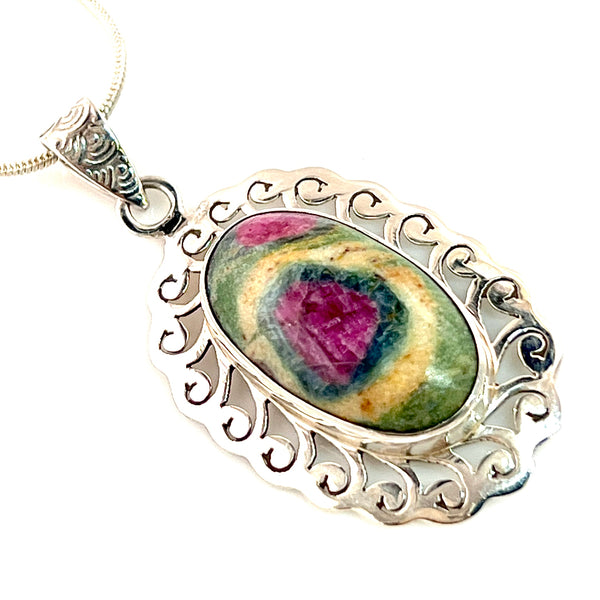 Ruby In Fuschite Sterling Silver Oval Filagree Pendant - Keja Designs Jewelry