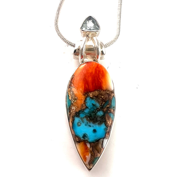 Spiny Oyster Turquoise & Blue Topaz Sterling Silver Linear Pendant