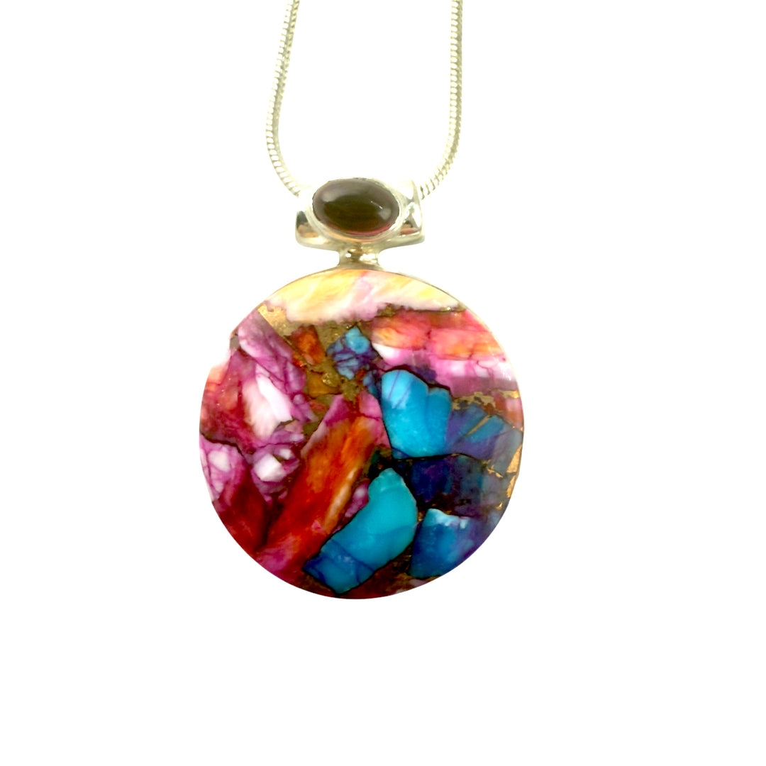 Kingman Dahlia &amp; Garnet Sterling Silver Round Pendant - Keja Designs Jewelry