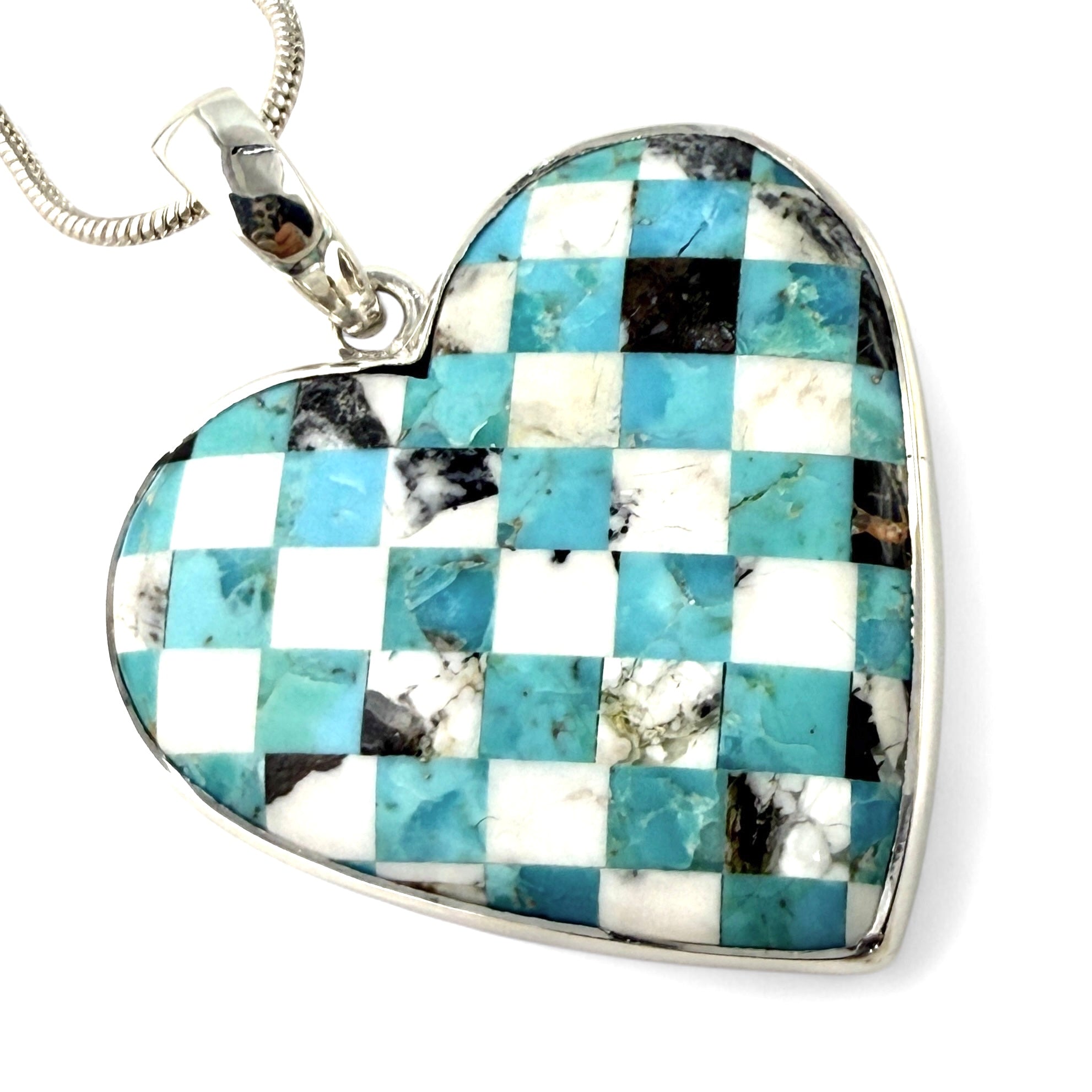 Turquoise & White Buffalo Checkerboard Sterling Silver Heart Pendant - Keja Designs Jewelry