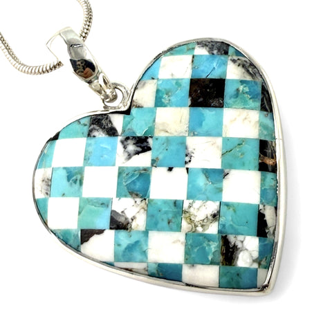 Turquoise & White Buffalo Checkerboard Sterling Silver Heart Pendant - Keja Designs Jewelry