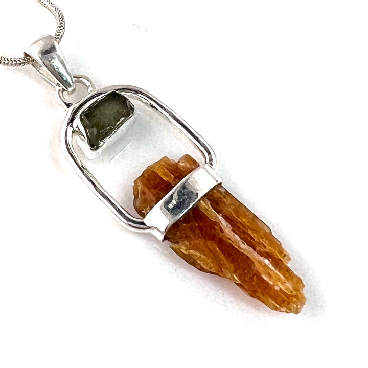 Orange Kyanite and Moldavite Rough Sterling Silver Pendant - Keja Designs Jewelry