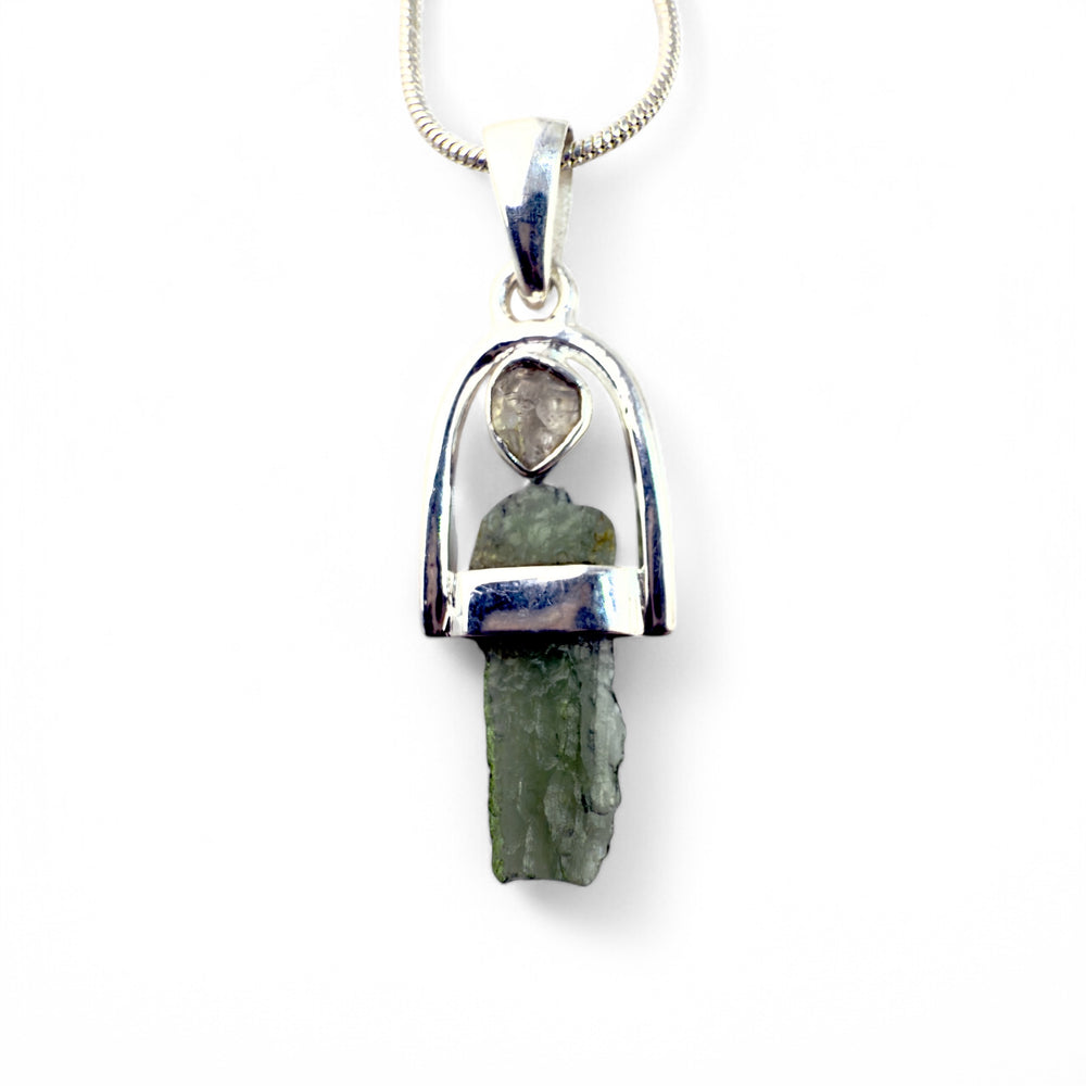 Moldavite & Herkimer Diamond Sterling Silver Arch Pendant - Keja Designs Jewelry