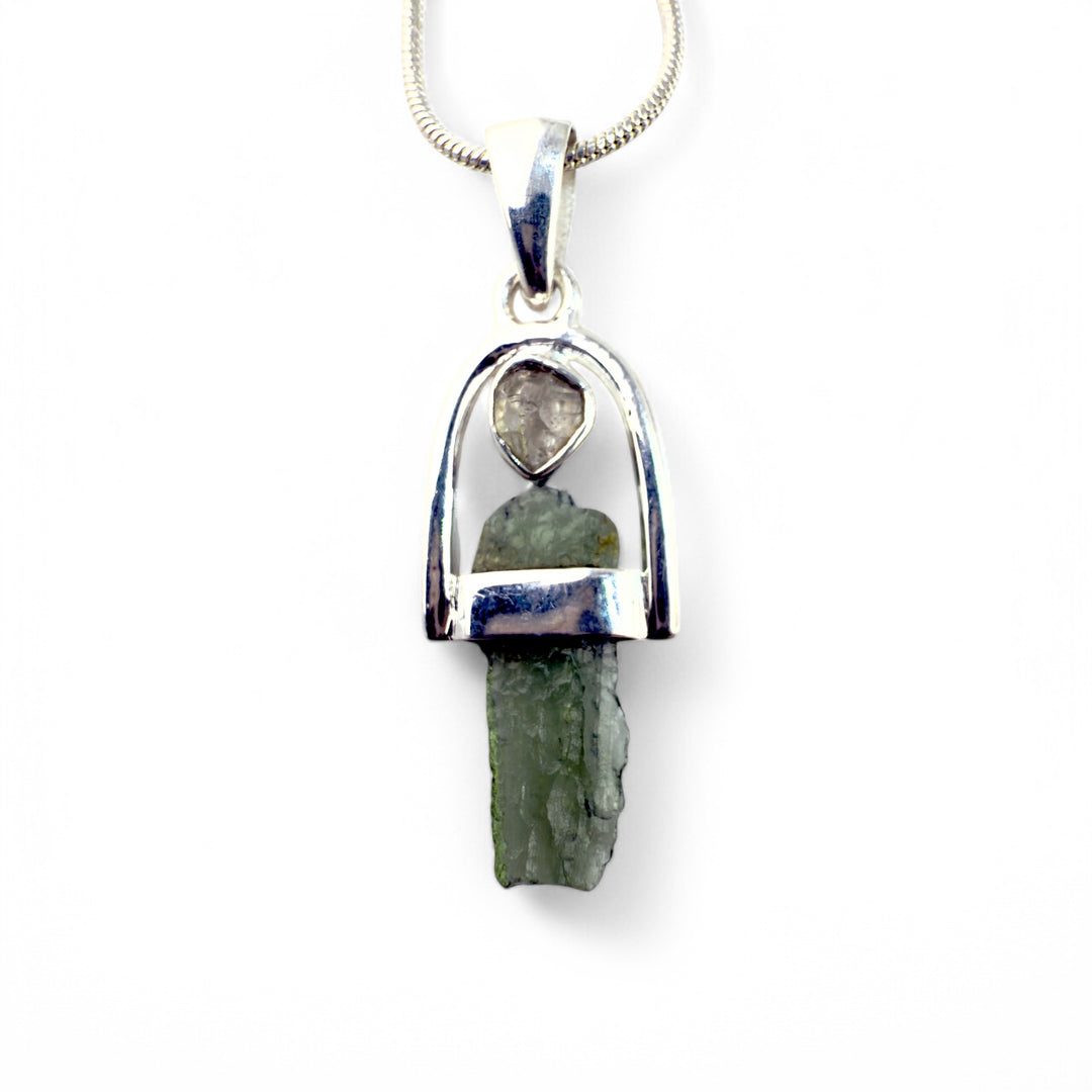Moldavite &amp; Herkimer Diamond Sterling Silver Arch Pendant - Keja Designs Jewelry