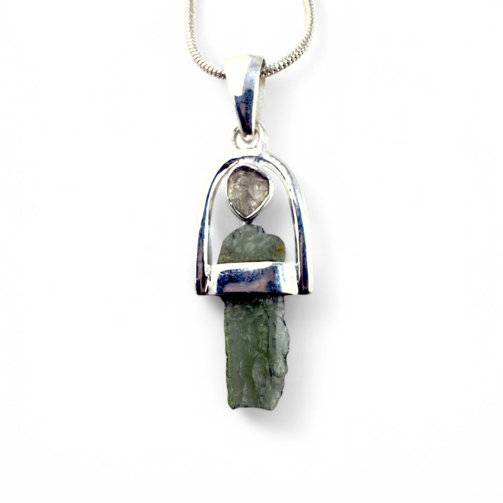 Moldavite &amp; Herkimer Diamond Sterling Silver Arch Pendant - Keja Designs Jewelry