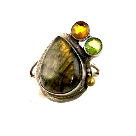 Peridot, Citrine & Golden Labradorite Sterling Silver Ring