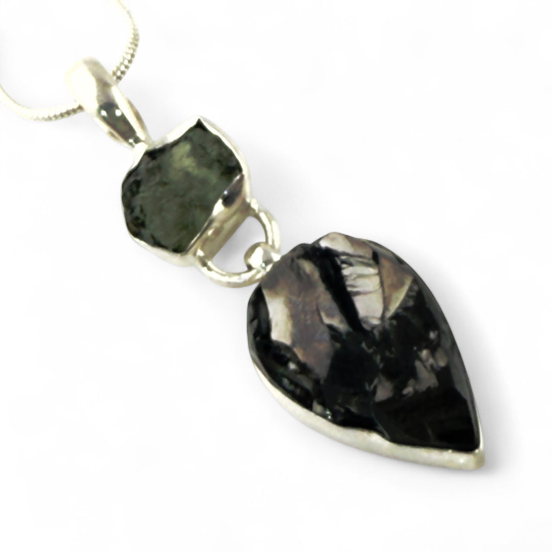 Moldavite Meteorite & Elite Shungite Sterling Silver Point Pendant - Keja Designs Jewelry