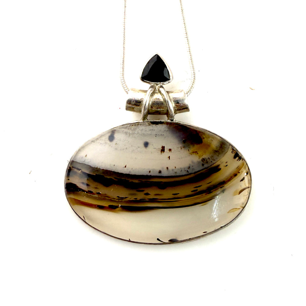 Montana Agate & Black Onyx Sterling Silver East West Oval Pendant - Keja Designs Jewelry