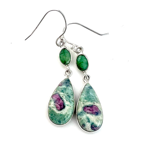 Ruby In Fuschite & Faceted Emerald Sterling Silver Earrings