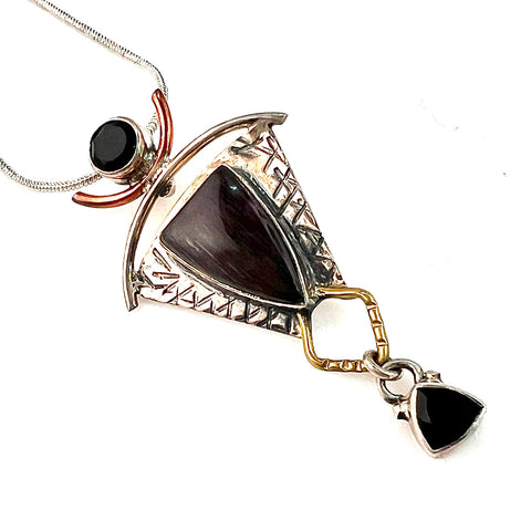 Black Sunstone & Onyx Sterling Silver Three Tone Pendant - Keja Designs Jewelry