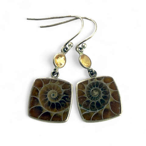 Ammonite & Citrine Sterling SiIver Earrings