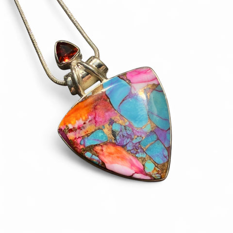 Kingman Dahlia Turquoise & Garnet Sterling Silver Trillion Pendant