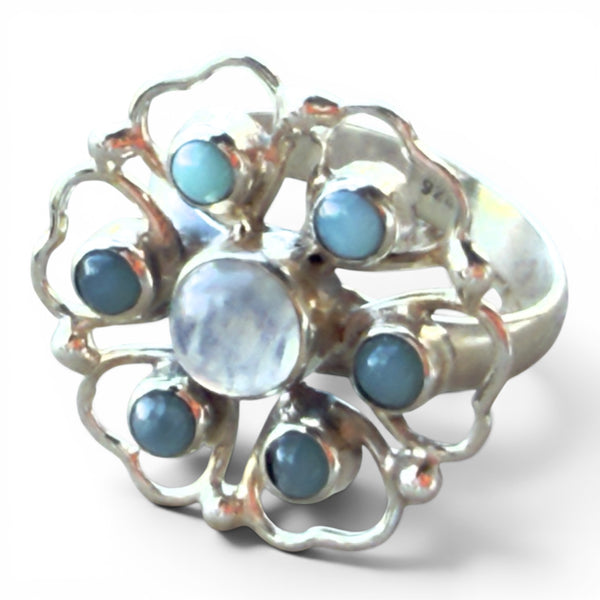 Larimar & Moonstone Sterling Silver Floral Ring