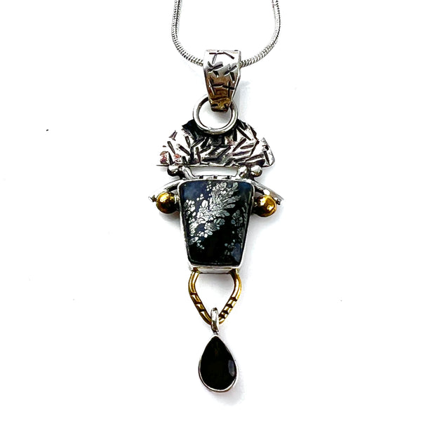 Golden Pyrite In Agate Two Tone Sterling Silver Pendant