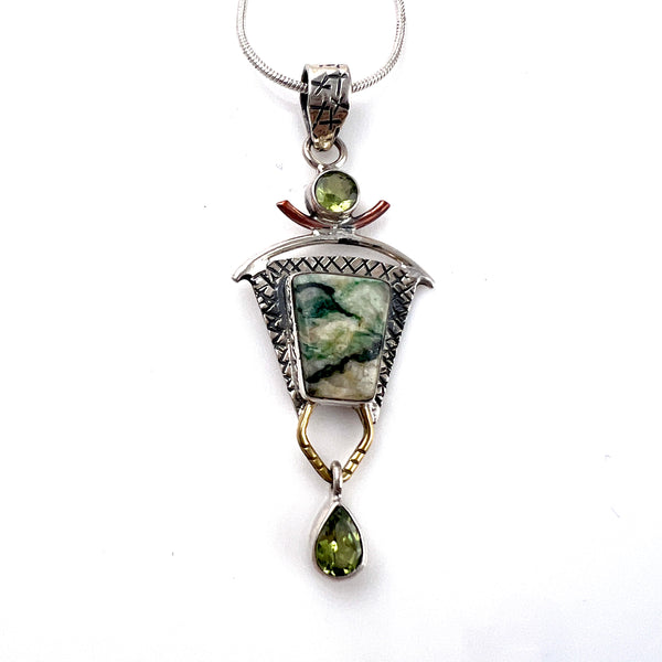 Tree Moss Agate and Peridot Sterling Silver Pendant