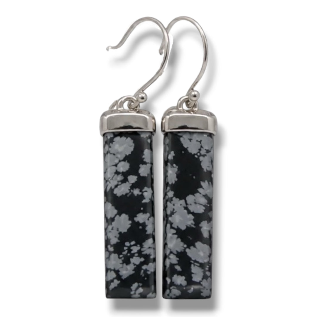 Snow Flake Obsidian Sterling Silver Rectangle Earrings