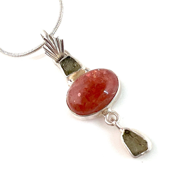 Moldavite & Sunstone Sterling Silver Pendant